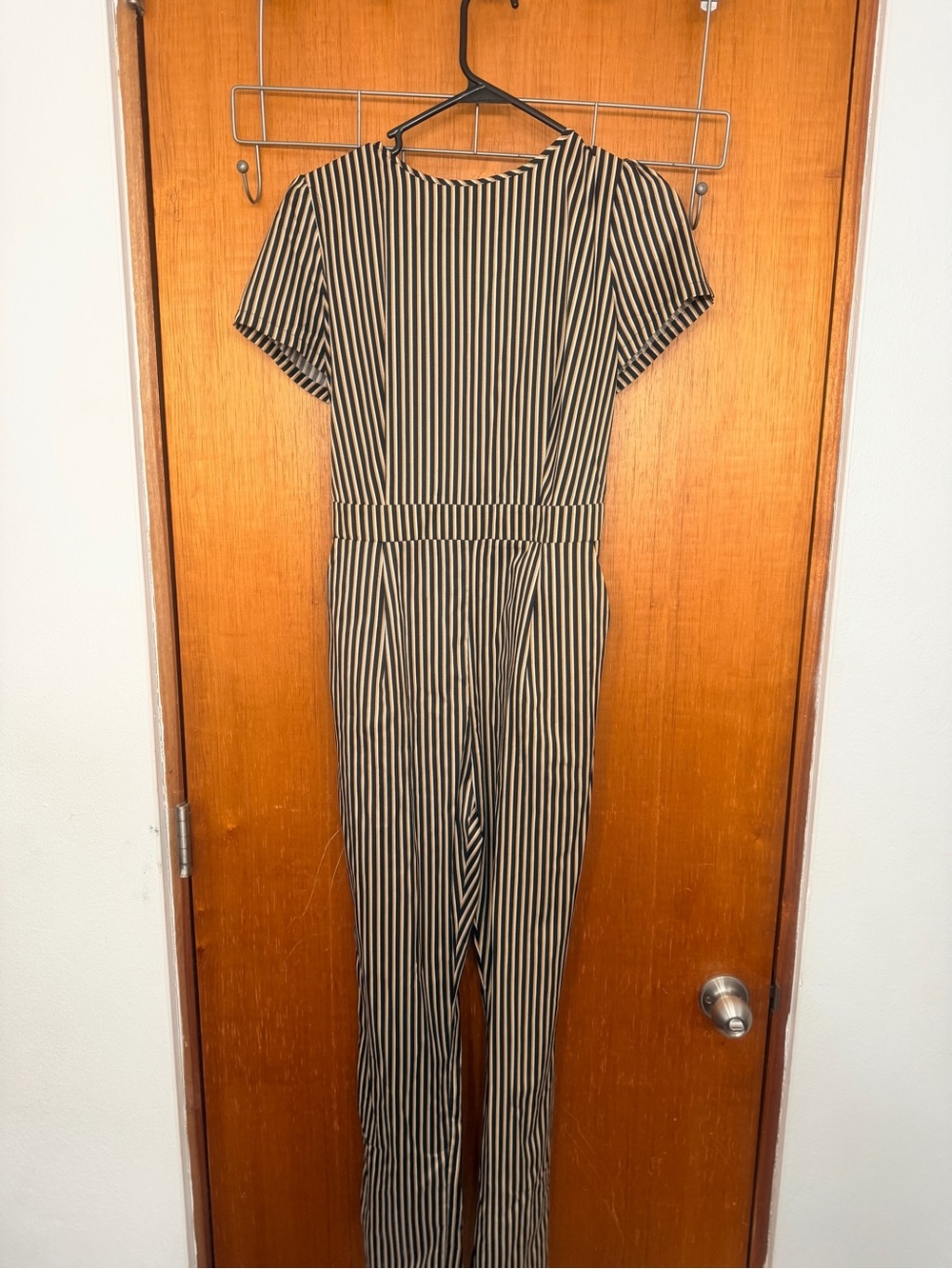 Gilli Black and Cream Vertical Stripe Short-Sleeve Jumpsuit
